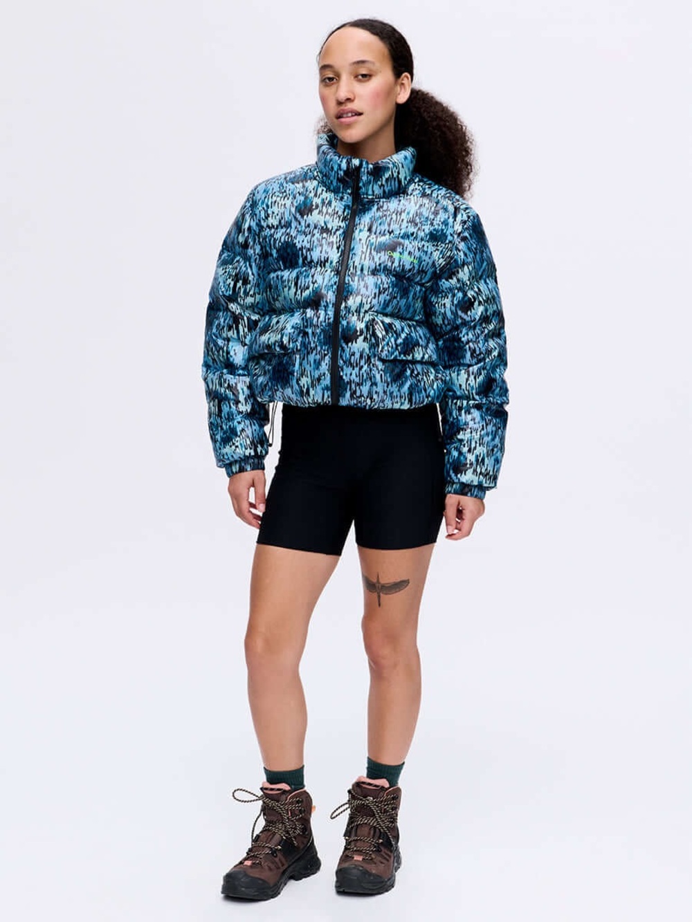 Outdoor Voices Blue Patterned Cropped Puffer Jacket